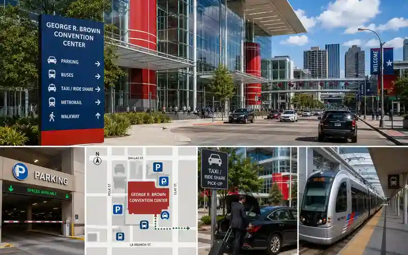 Transportation and parking at George R. Brown Convention Center in Downtown Houston featuring parking garages, rideshare zones, METRORail access, and convention center travel logistics.